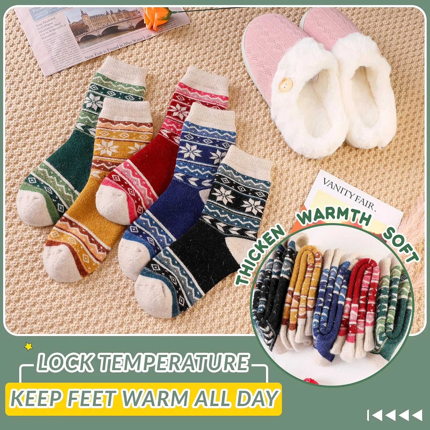 Velice Wool Socks for Women - Merino Wool Boot Hiking Thick Thermal Warm Winter Crew Cushion Cozy Work Socks - 5 Pairs
