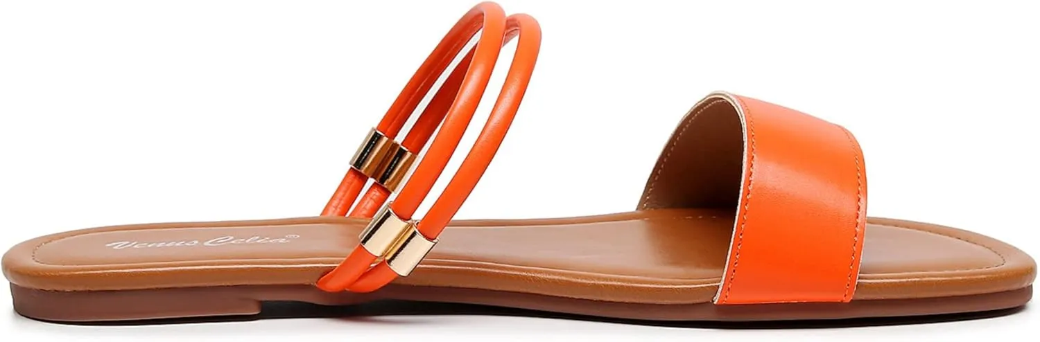 VenusCelia Women's Double Straps Wide Flat Sandal