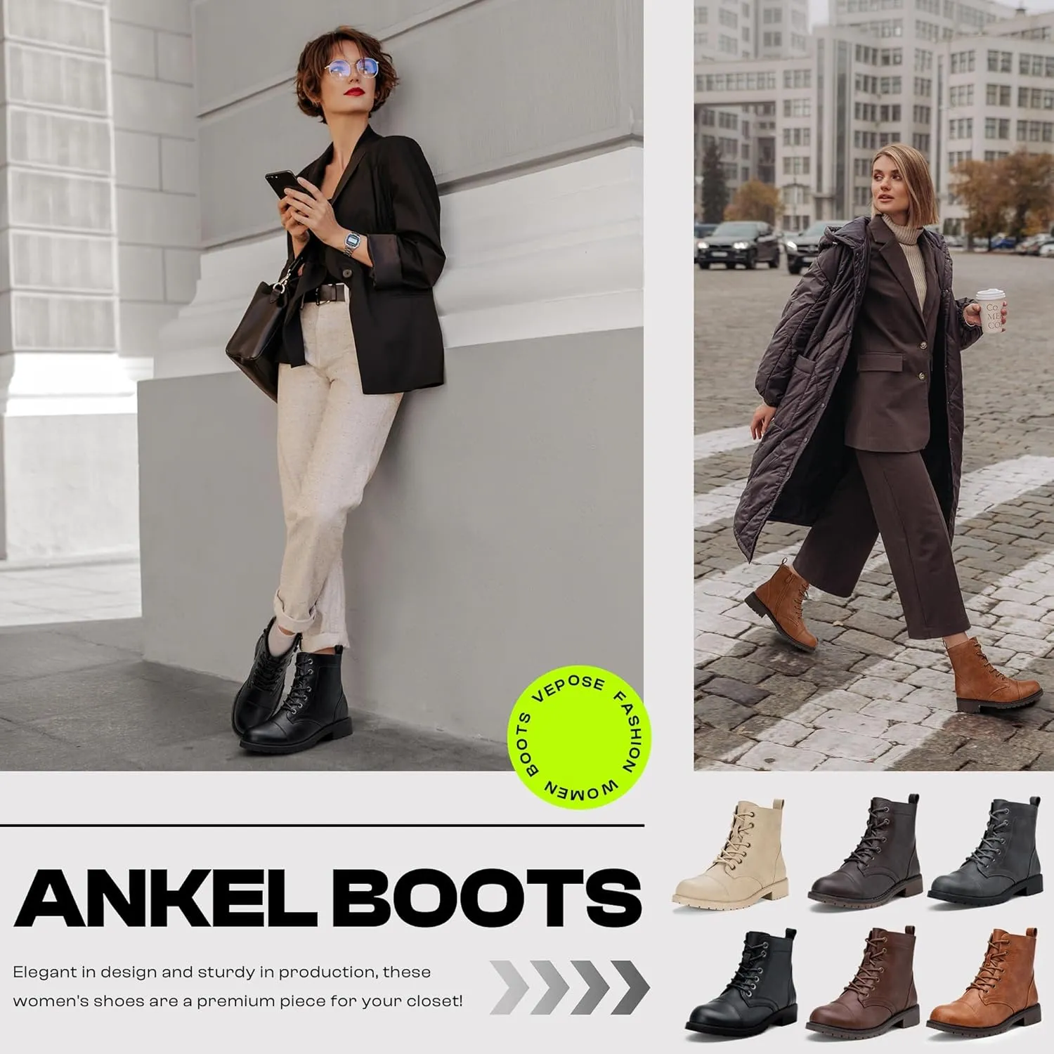 Vepose Women's Ankle Boots Lace up, Flat Fashion Combat Booties Low Heel
