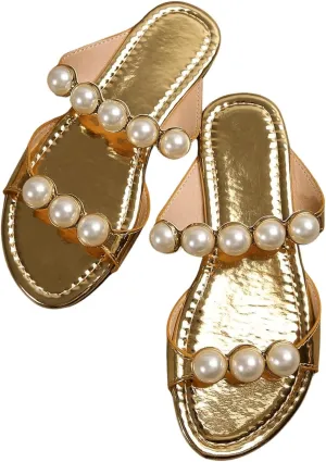 Verdusa Women's Flat Sandals Open Toe Pearl Two Strap Slip On Beach Slide Sandals