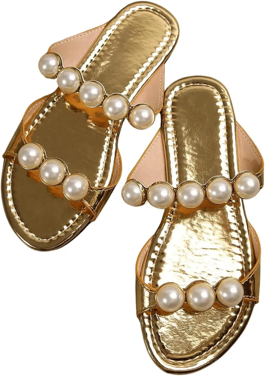 Verdusa Women's Flat Sandals Open Toe Pearl Two Strap Slip On Beach Slide Sandals