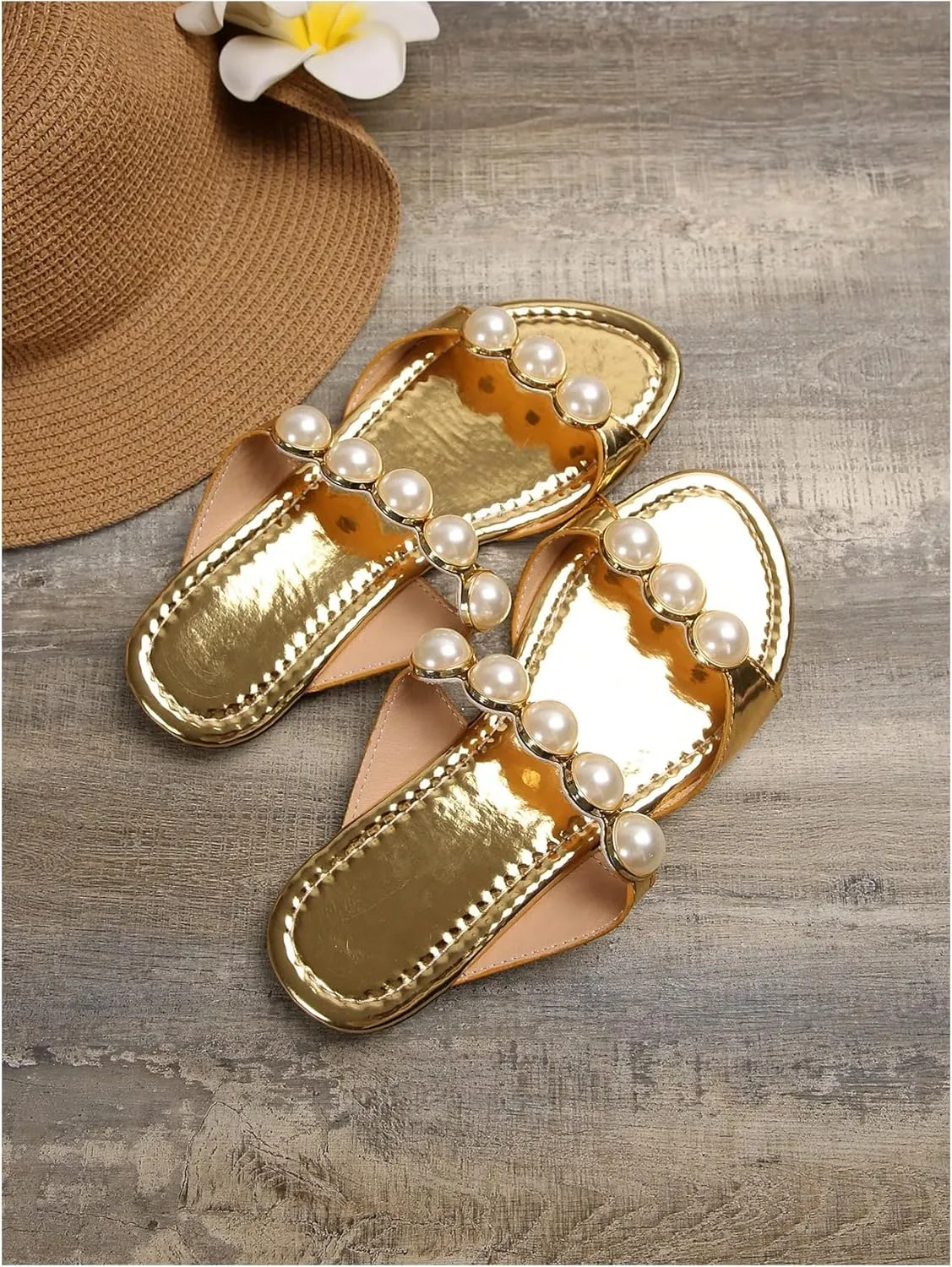 Verdusa Women's Flat Sandals Open Toe Pearl Two Strap Slip On Beach Slide Sandals