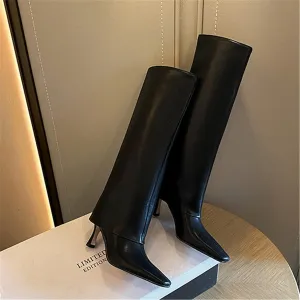 Vertundy Women's Knee High Boots Fold Over High Heel Booties Square Toe Comfortable Dress Kitten Heel Shoes