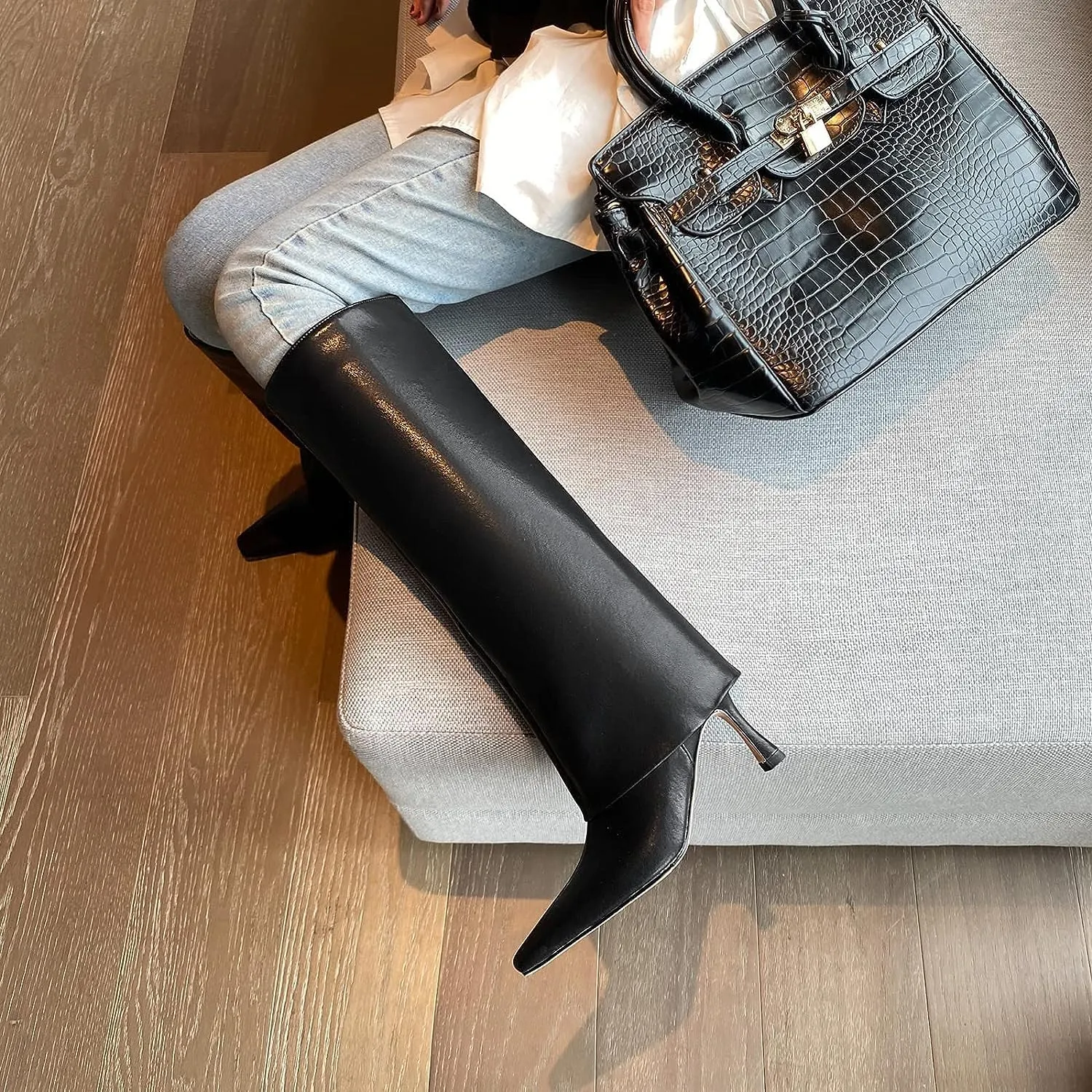 Vertundy Women's Knee High Boots Fold Over High Heel Booties Square Toe Comfortable Dress Kitten Heel Shoes