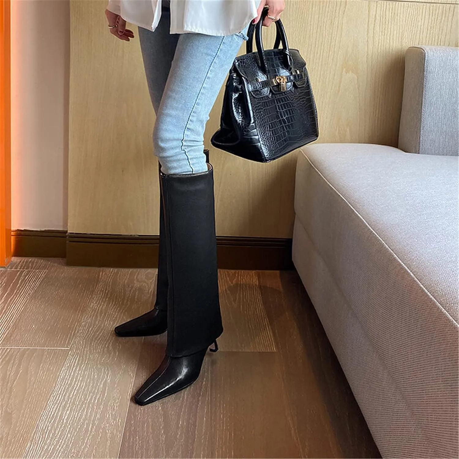 Vertundy Women's Knee High Boots Fold Over High Heel Booties Square Toe Comfortable Dress Kitten Heel Shoes