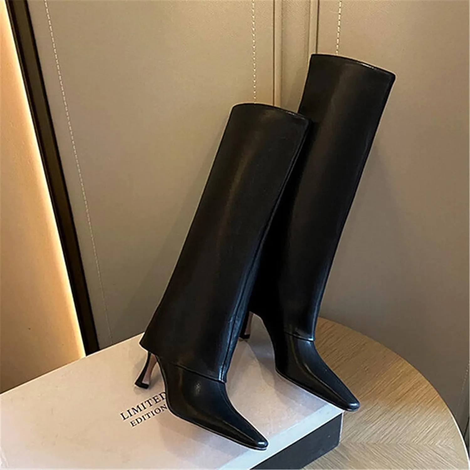 Vertundy Women's Knee High Boots Fold Over High Heel Booties Square Toe Comfortable Dress Kitten Heel Shoes