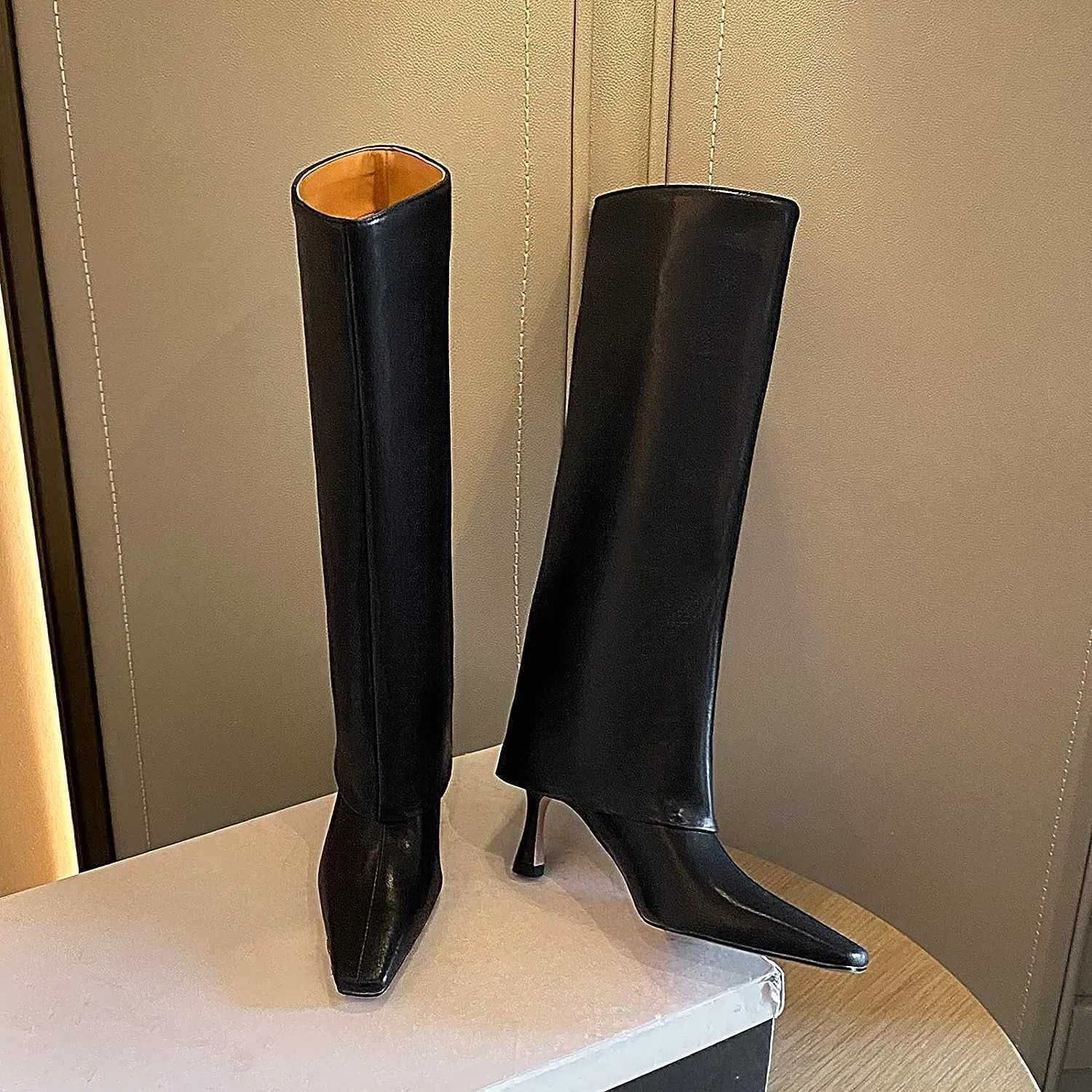 Vertundy Women's Knee High Boots Fold Over High Heel Booties Square Toe Comfortable Dress Kitten Heel Shoes