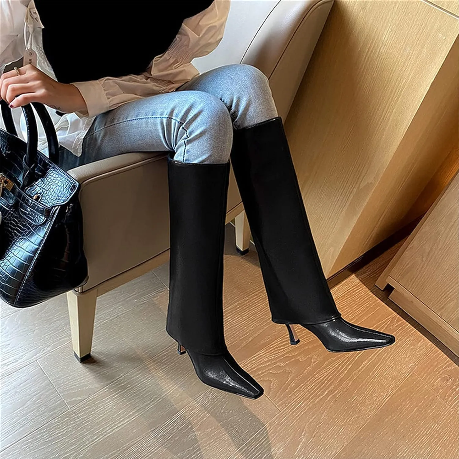 Vertundy Women's Knee High Boots Fold Over High Heel Booties Square Toe Comfortable Dress Kitten Heel Shoes