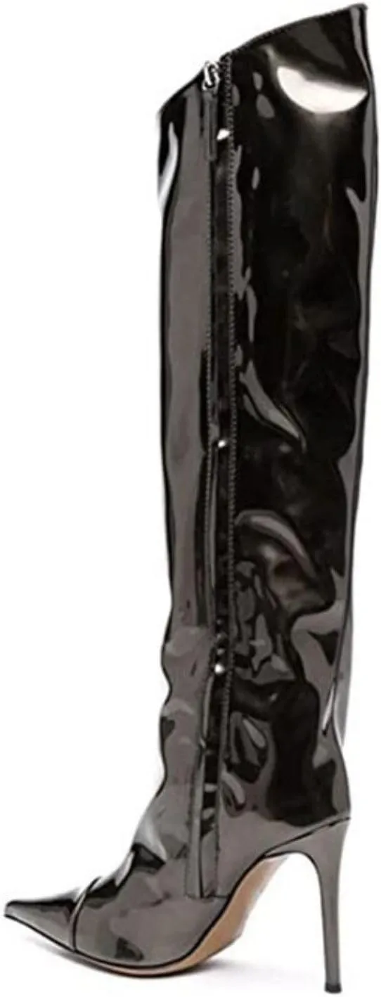 Vertundy Women's Metallic Knee High Boots Sexy Silver Pointed Toe Stiletto Booties Wide Calf High Heel Patent Leather Ankle Boots with Side Zipper