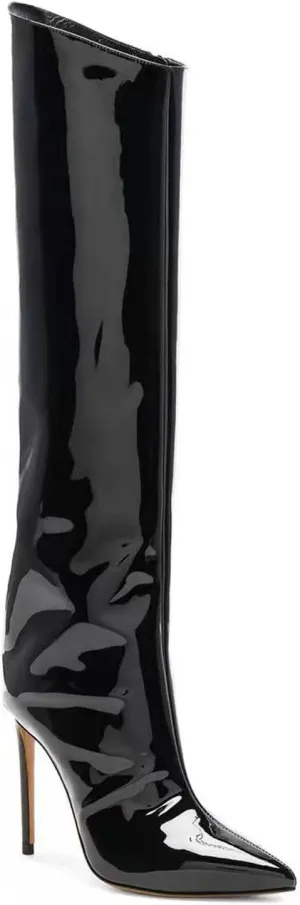 Vertundy Women's Metallic Knee High Boots Sexy Silver Pointed Toe Stiletto Booties Wide Calf High Heel Patent Leather Ankle Boots with Side Zipper