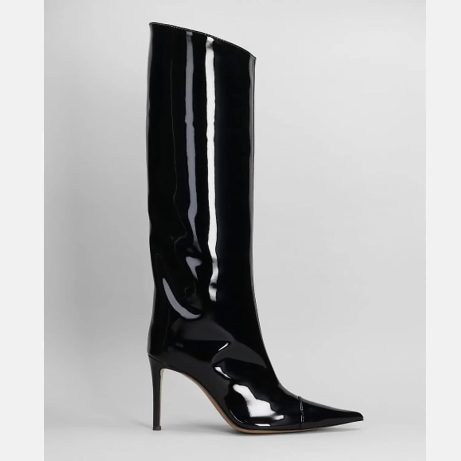 Vertundy Women's Metallic Knee High Boots Sexy Silver Pointed Toe Stiletto Booties Wide Calf High Heel Patent Leather Ankle Boots with Side Zipper