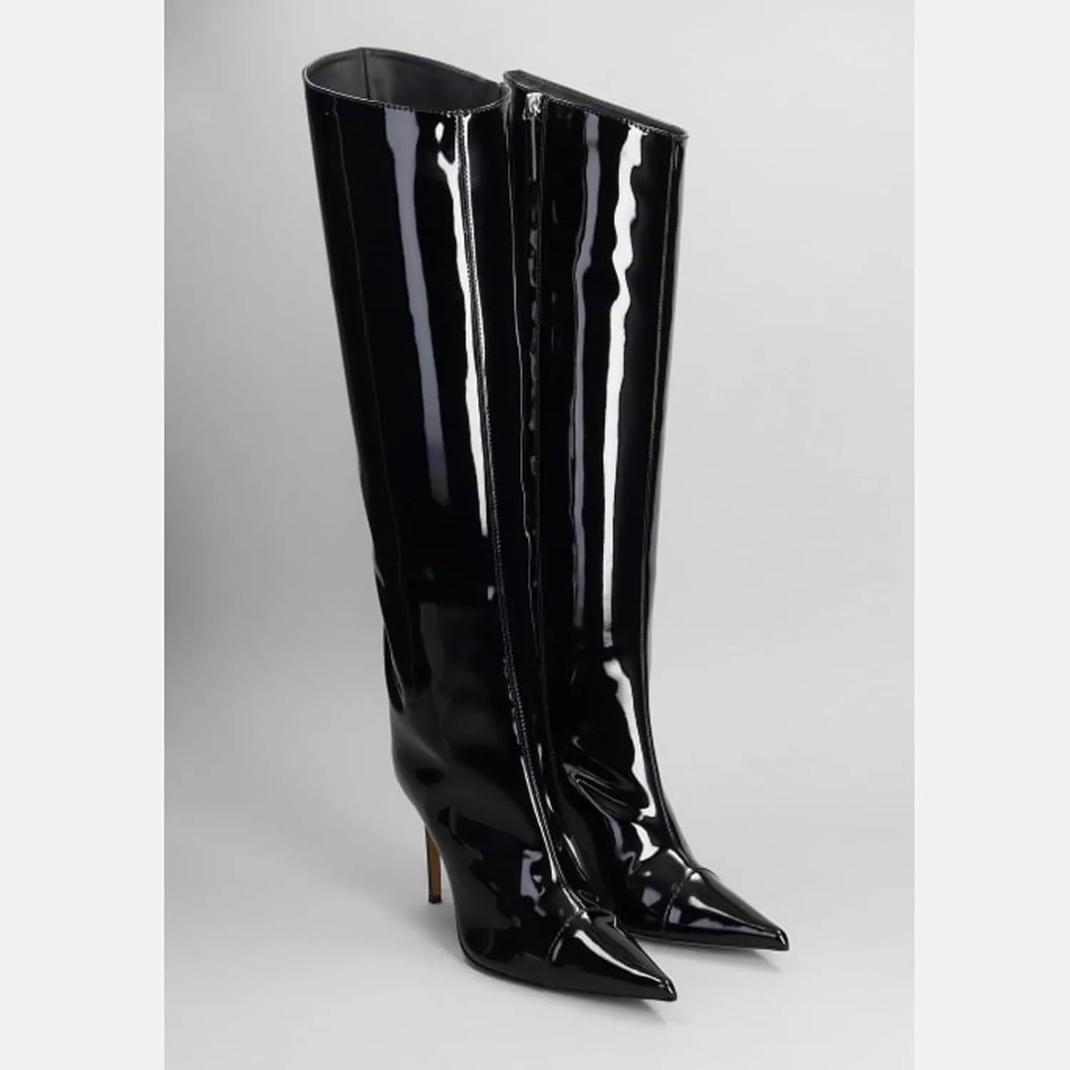 Vertundy Women's Metallic Knee High Boots Sexy Silver Pointed Toe Stiletto Booties Wide Calf High Heel Patent Leather Ankle Boots with Side Zipper