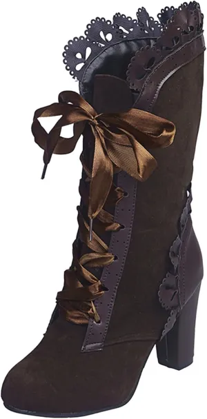 Victorian Boots for Women Medieval Vintage Chunky Heel Boots Fall Winter Suede Lace Up Mid Calf Boot Goth Steampunk Halloween