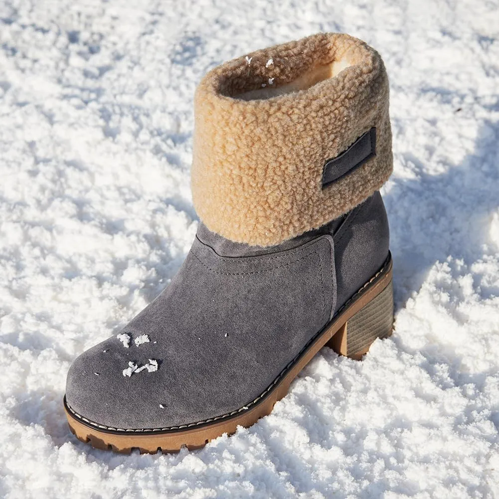 VIMISAOI Winter Boots for Women, Comfortable Slip On Mid Chunky Heel Suede Warm Snow Ankle Boots Outdoor Shoes