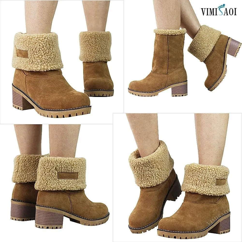 VIMISAOI Winter Boots for Women, Comfortable Slip On Mid Chunky Heel Suede Warm Snow Ankle Boots Outdoor Shoes