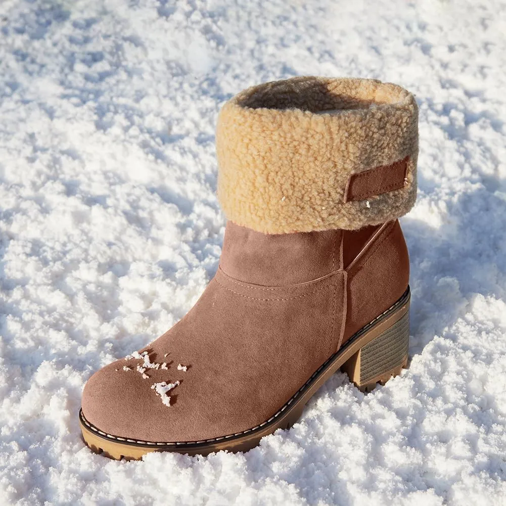 VIMISAOI Winter Boots for Women, Comfortable Slip On Mid Chunky Heel Suede Warm Snow Ankle Boots Outdoor Shoes