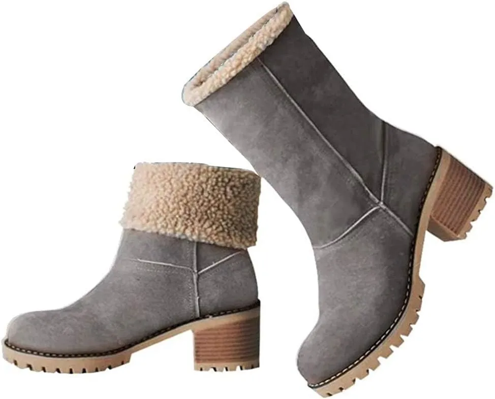 VIMISAOI Winter Boots for Women, Comfortable Slip On Mid Chunky Heel Suede Warm Snow Ankle Boots Outdoor Shoes