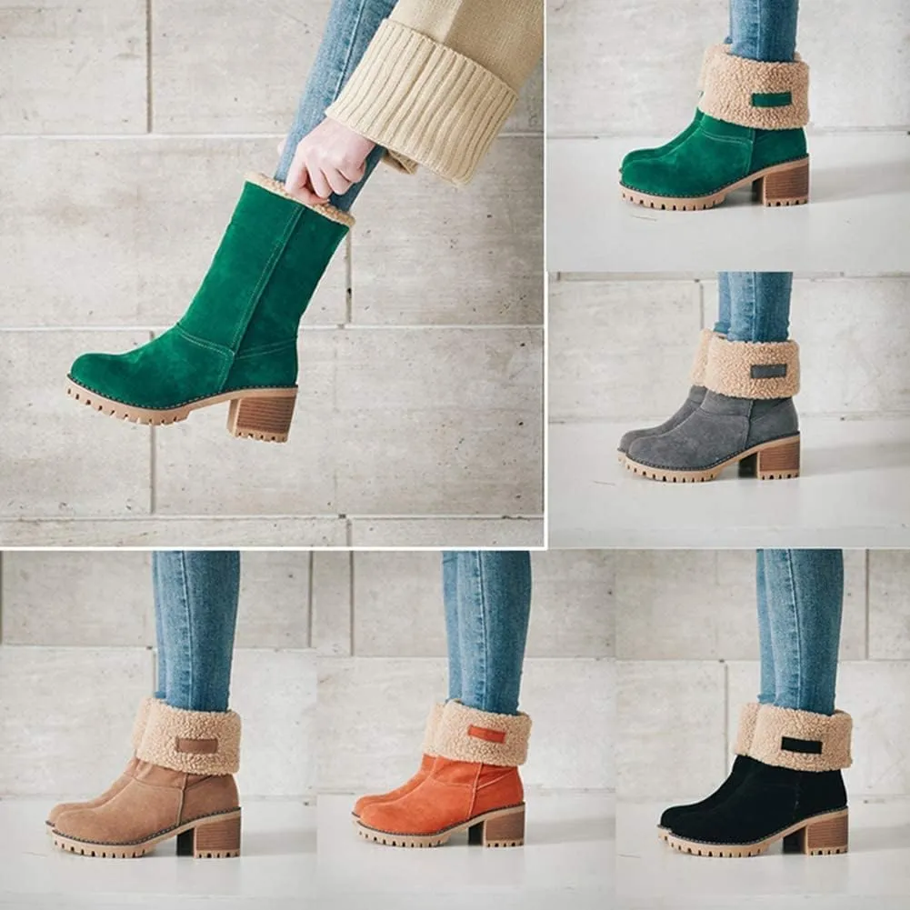 VIMISAOI Winter Boots for Women, Comfortable Slip On Mid Chunky Heel Suede Warm Snow Ankle Boots Outdoor Shoes