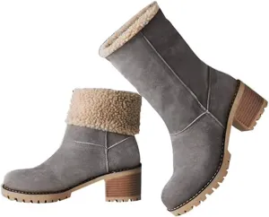 VIMISAOI Winter Boots for Women, Comfortable Slip On Mid Chunky Heel Suede Warm Snow Ankle Boots Outdoor Shoes