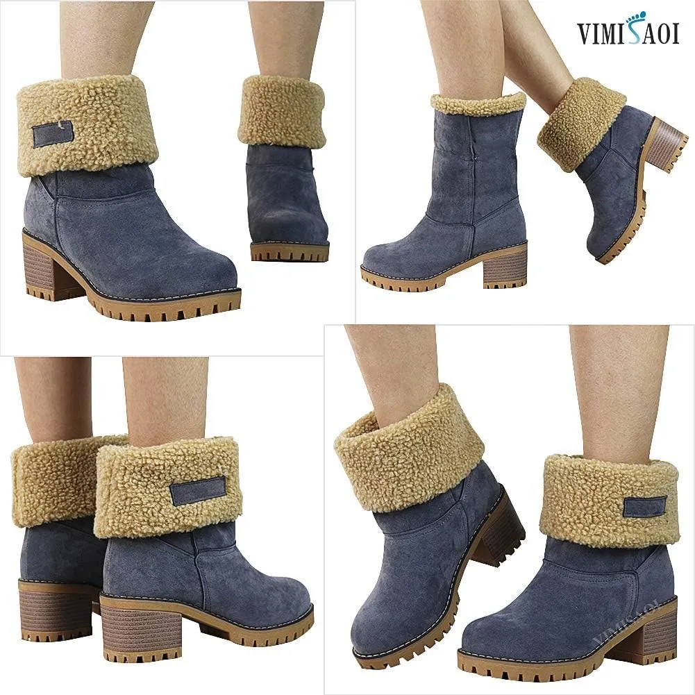 VIMISAOI Winter Boots for Women, Comfortable Slip On Mid Chunky Heel Suede Warm Snow Ankle Boots Outdoor Shoes