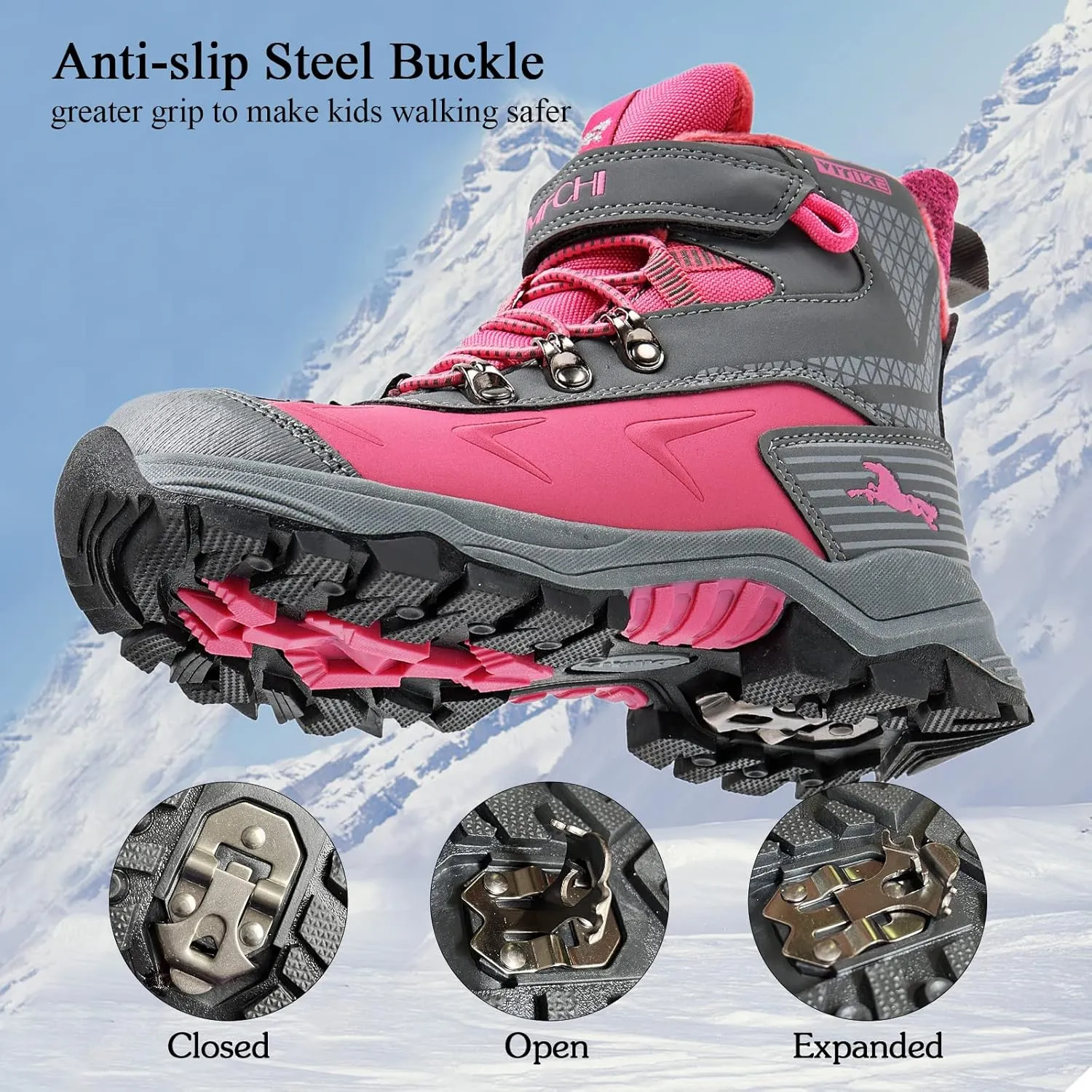 VITUOFLY Boys Hiking Boots Kids Hiking Shoes Girls Outdoor Warm Winter Snow Boots Adventure Trekking Shoes Anti-skid Sneakers Steel Buckle Durable Comfortable