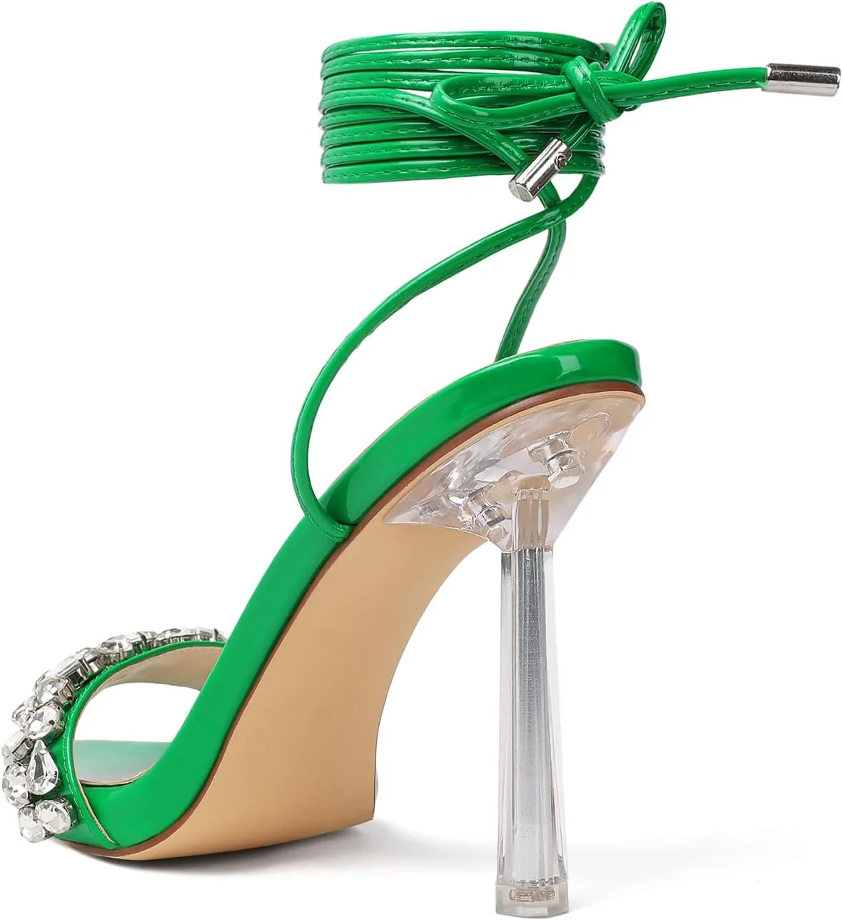 vivianly Strappy Stiletto Clear High Heels Rhinestone Lace Up Heeled Sandals Pointed Toe Pumps Wedding Bride Dress Shoes