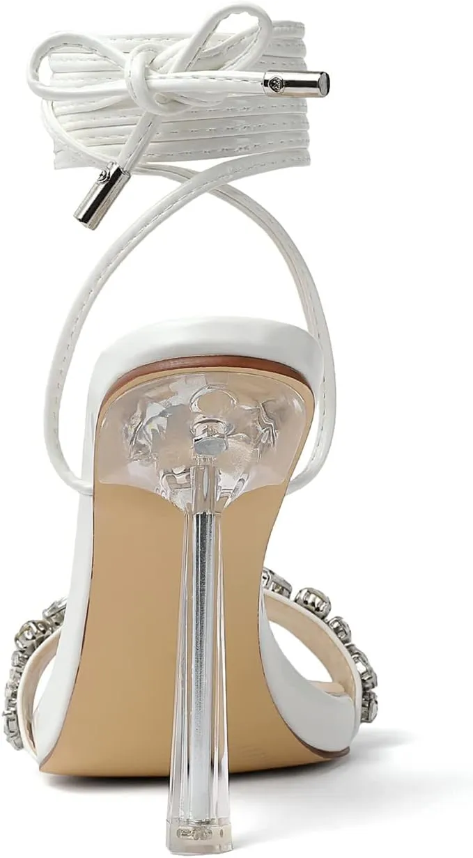 vivianly Strappy Stiletto Clear High Heels Rhinestone Lace Up Heeled Sandals Pointed Toe Pumps Wedding Bride Dress Shoes