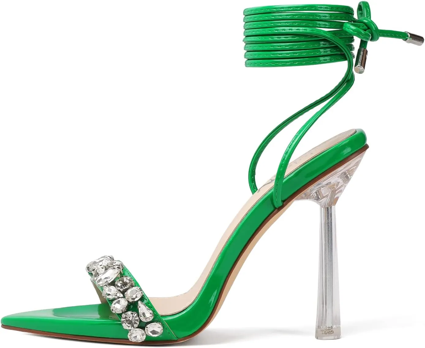 vivianly Strappy Stiletto Clear High Heels Rhinestone Lace Up Heeled Sandals Pointed Toe Pumps Wedding Bride Dress Shoes