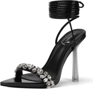 vivianly Strappy Stiletto Clear High Heels Rhinestone Lace Up Heeled Sandals Pointed Toe Pumps Wedding Bride Dress Shoes