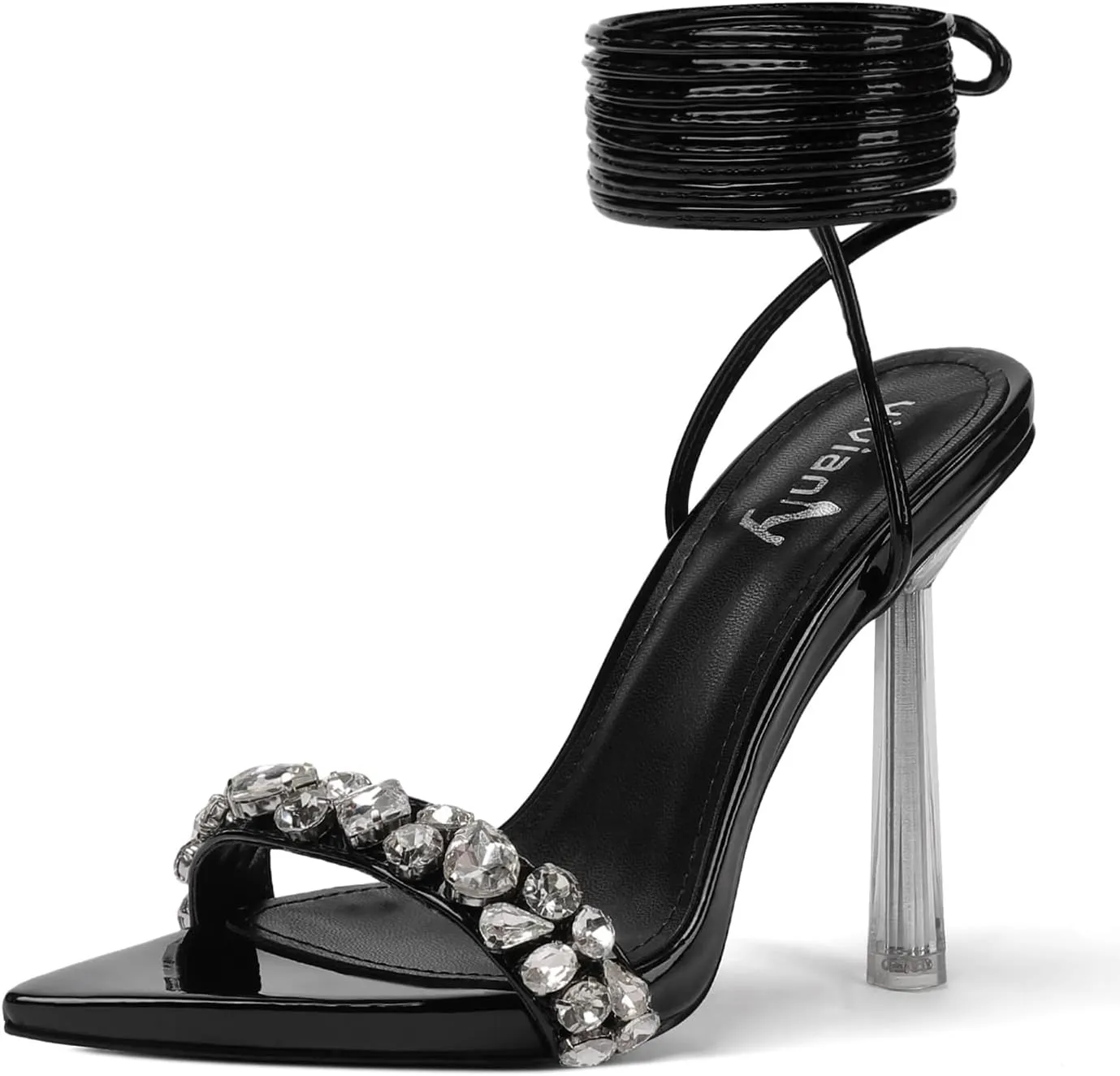 vivianly Strappy Stiletto Clear High Heels Rhinestone Lace Up Heeled Sandals Pointed Toe Pumps Wedding Bride Dress Shoes