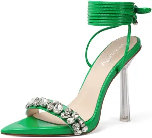 vivianly Strappy Stiletto Clear High Heels Rhinestone Lace Up Heeled Sandals Pointed Toe Pumps Wedding Bride Dress Shoes