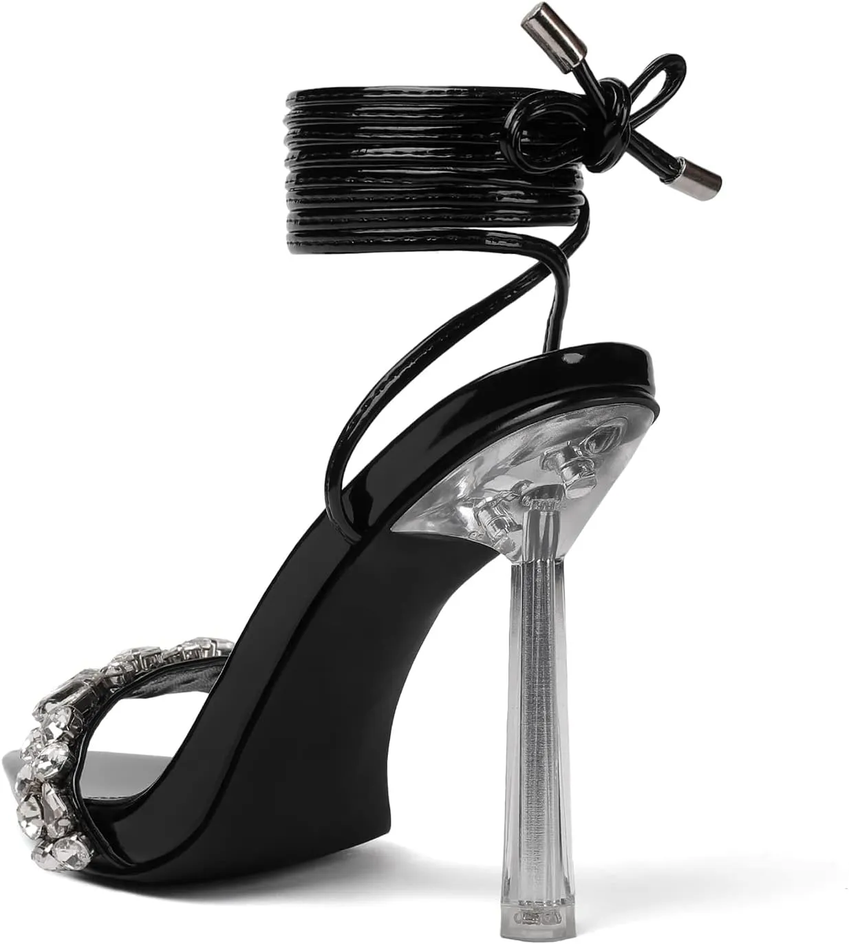 vivianly Strappy Stiletto Clear High Heels Rhinestone Lace Up Heeled Sandals Pointed Toe Pumps Wedding Bride Dress Shoes