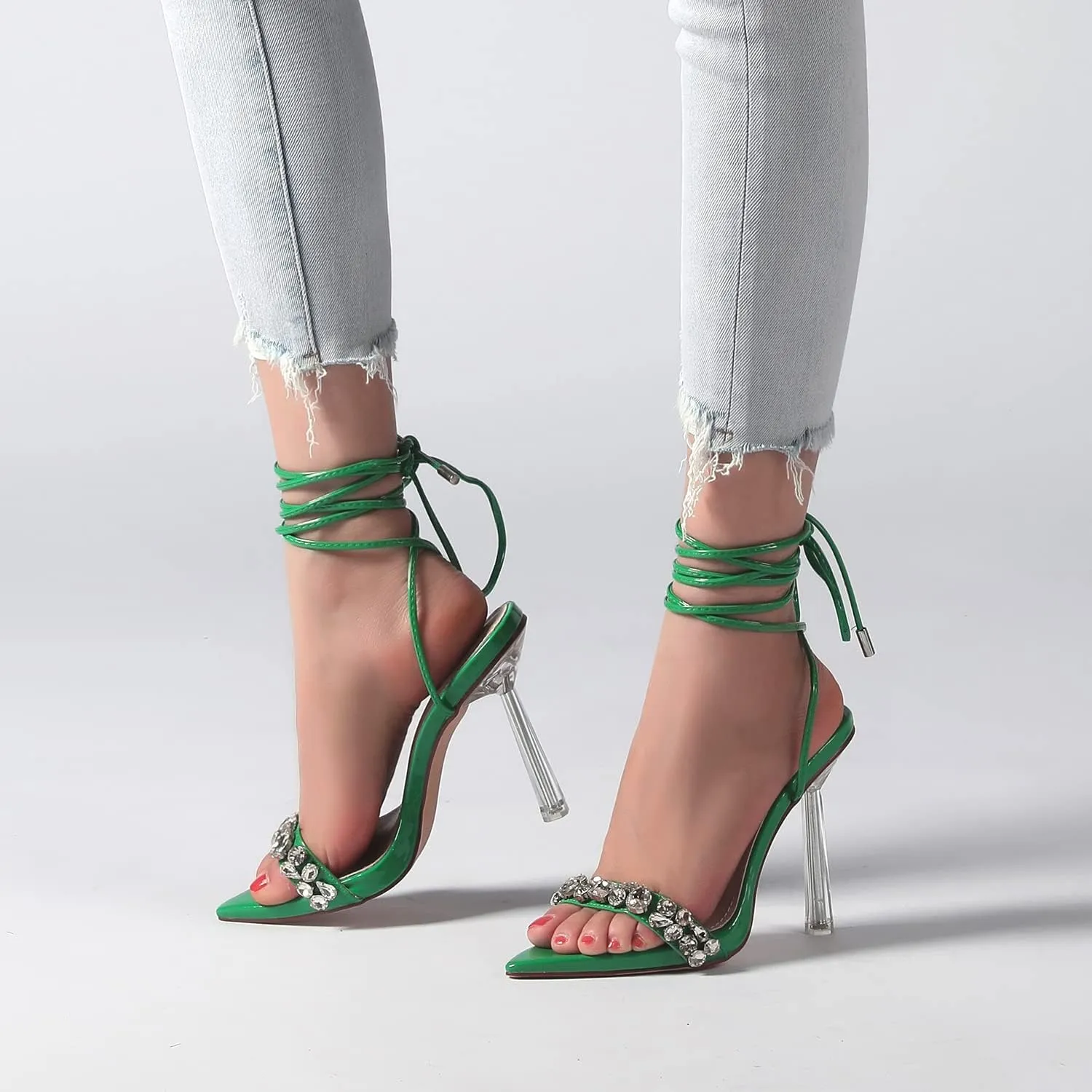vivianly Strappy Stiletto Clear High Heels Rhinestone Lace Up Heeled Sandals Pointed Toe Pumps Wedding Bride Dress Shoes