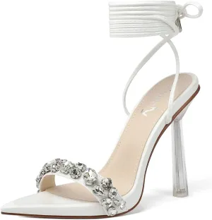 vivianly Strappy Stiletto Clear High Heels Rhinestone Lace Up Heeled Sandals Pointed Toe Pumps Wedding Bride Dress Shoes
