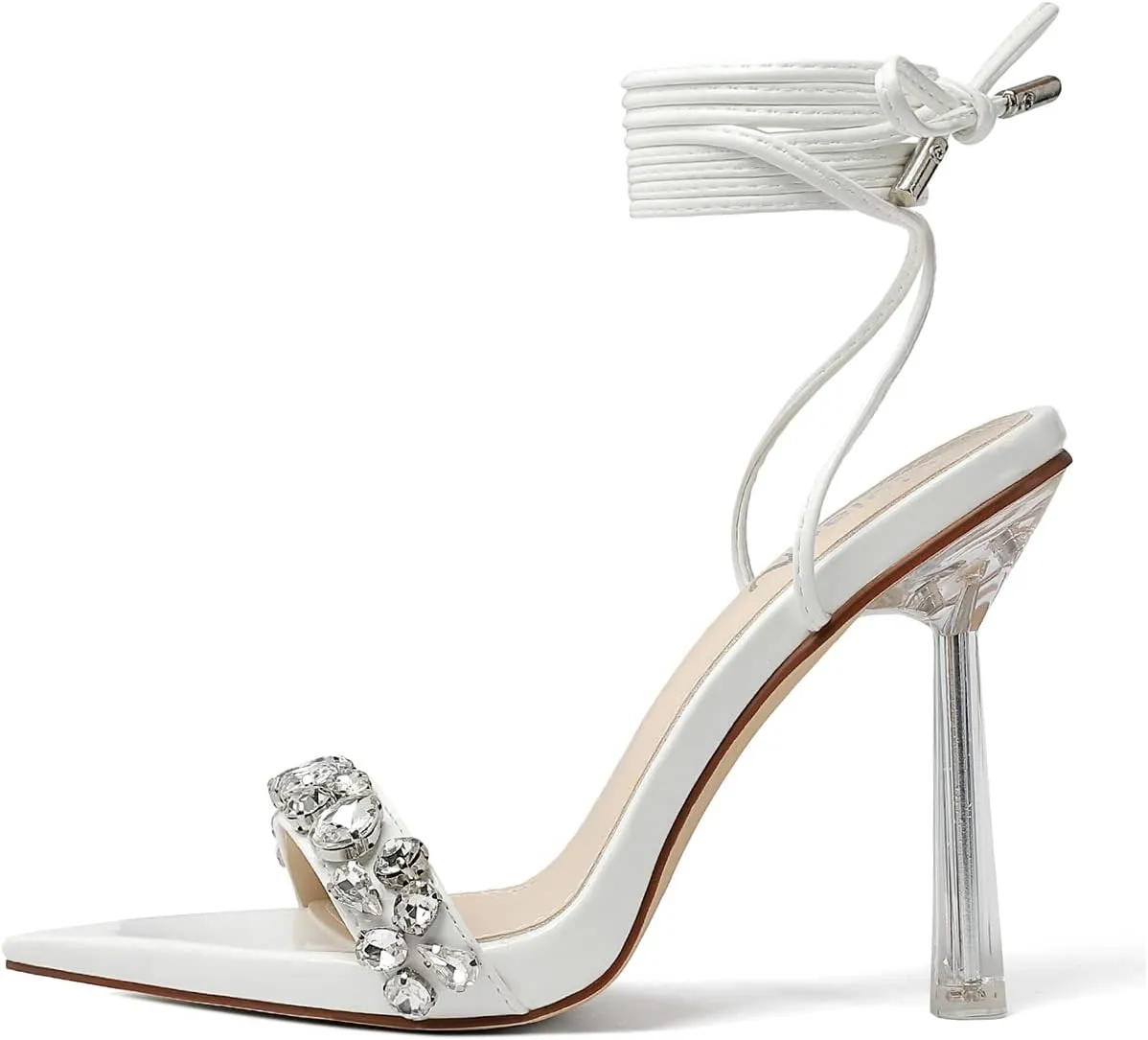 vivianly Strappy Stiletto Clear High Heels Rhinestone Lace Up Heeled Sandals Pointed Toe Pumps Wedding Bride Dress Shoes
