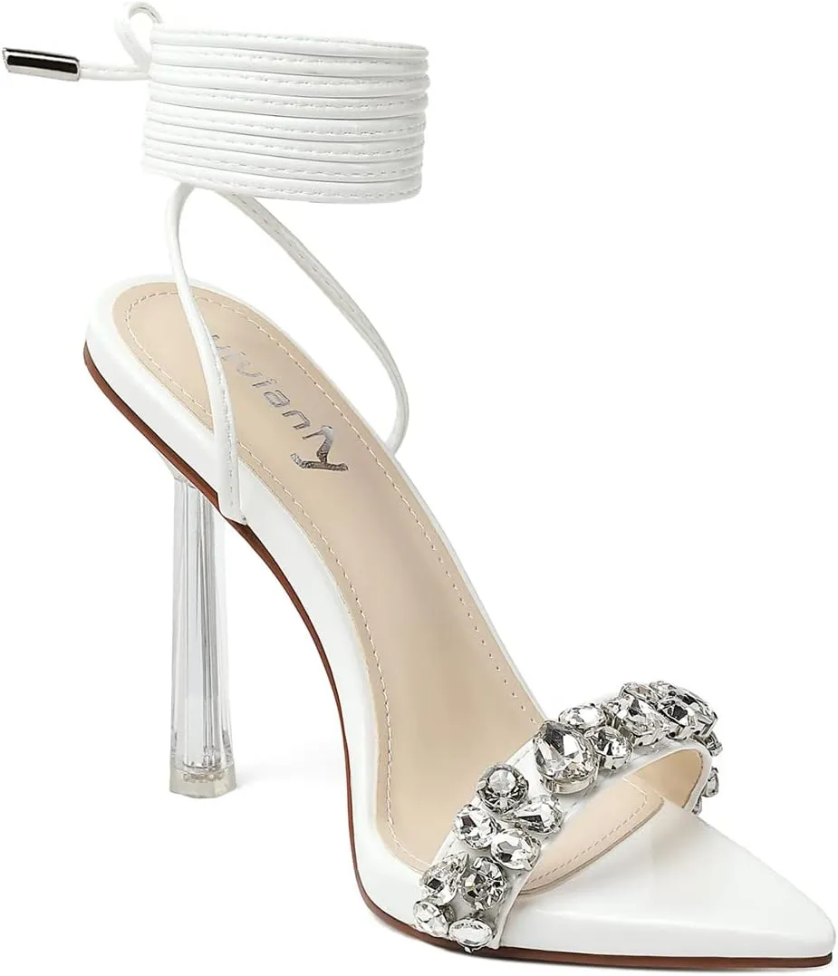 vivianly Strappy Stiletto Clear High Heels Rhinestone Lace Up Heeled Sandals Pointed Toe Pumps Wedding Bride Dress Shoes