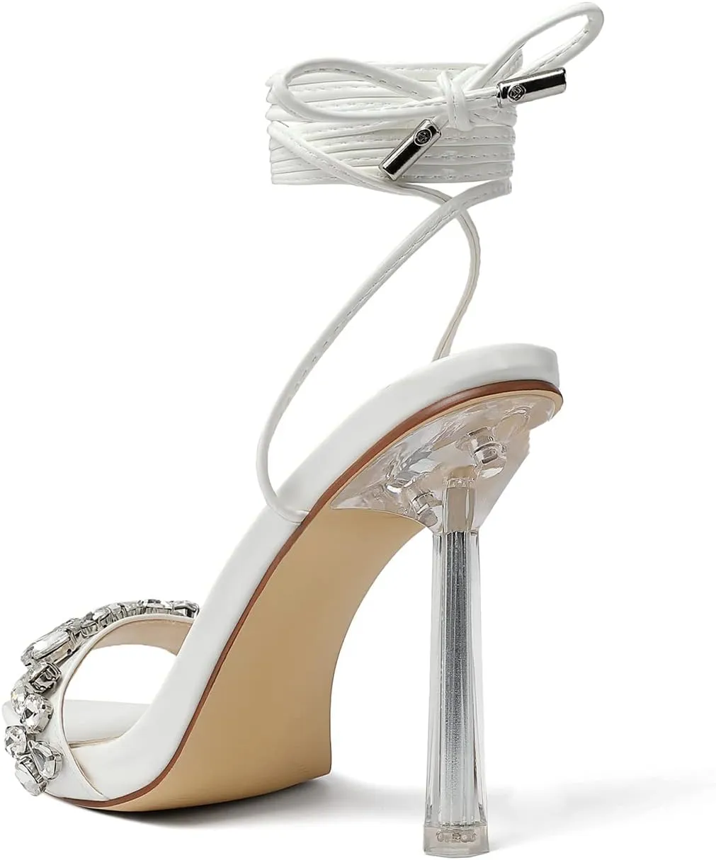 vivianly Strappy Stiletto Clear High Heels Rhinestone Lace Up Heeled Sandals Pointed Toe Pumps Wedding Bride Dress Shoes