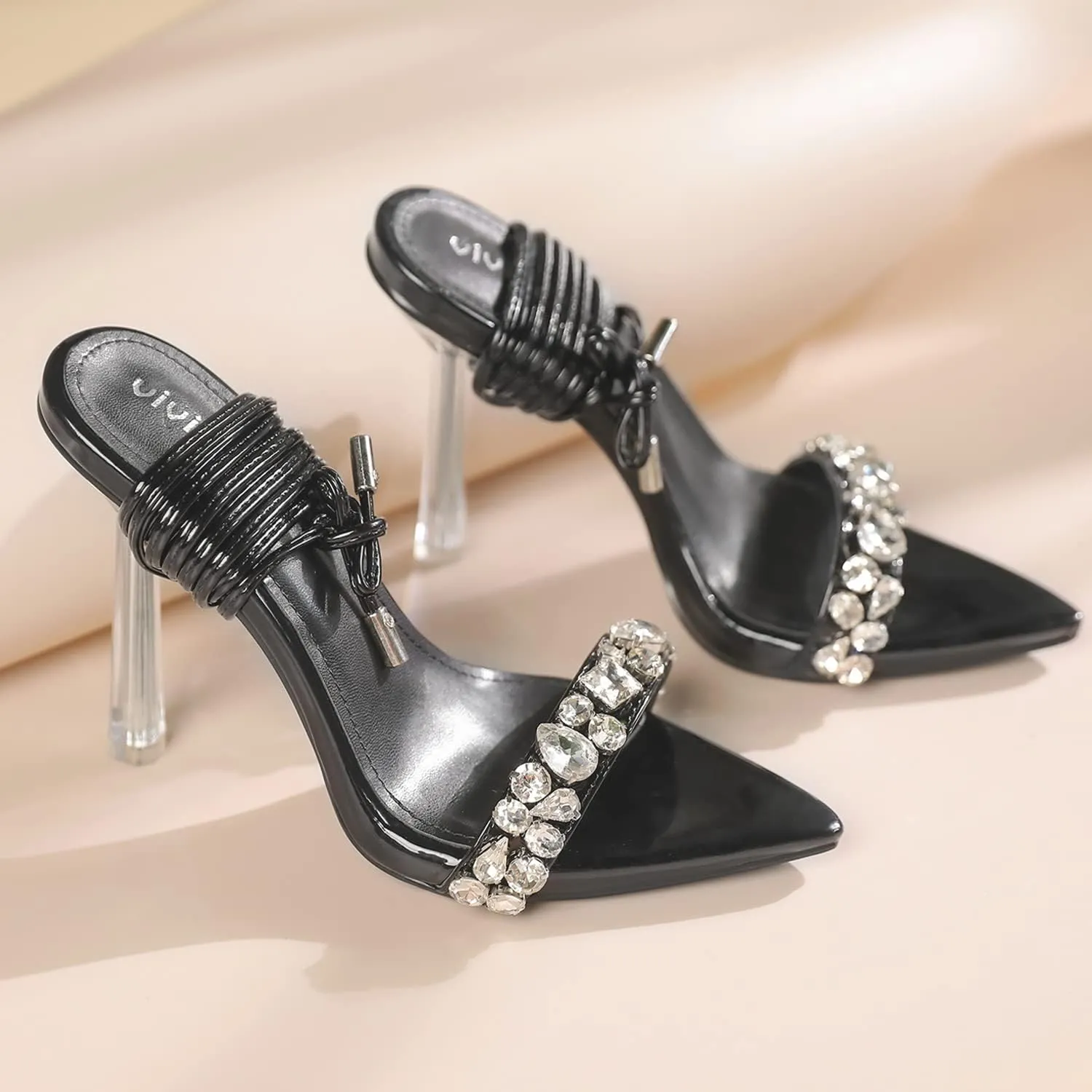 vivianly Strappy Stiletto Clear High Heels Rhinestone Lace Up Heeled Sandals Pointed Toe Pumps Wedding Bride Dress Shoes