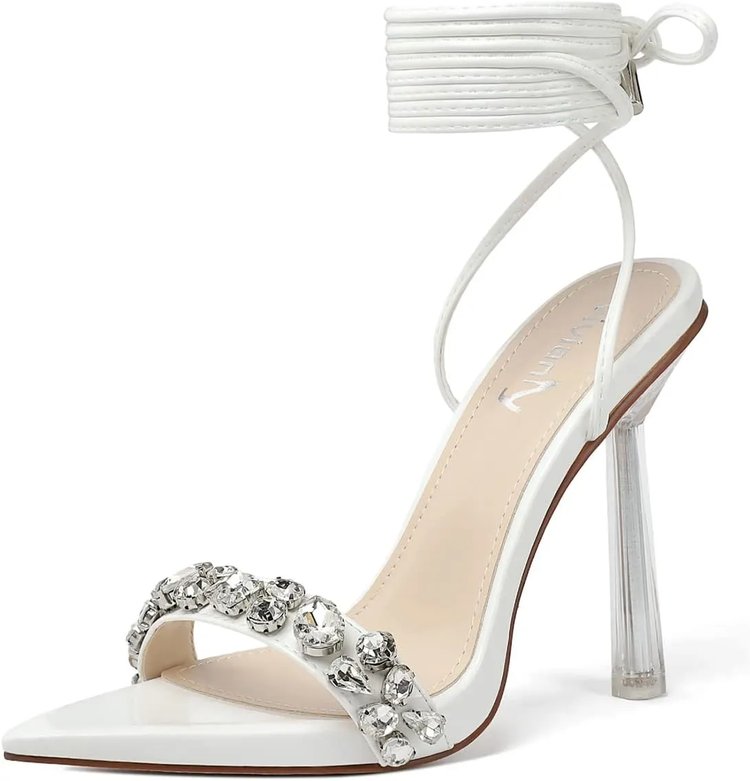 vivianly Strappy Stiletto Clear High Heels Rhinestone Lace Up Heeled Sandals Pointed Toe Pumps Wedding Bride Dress Shoes