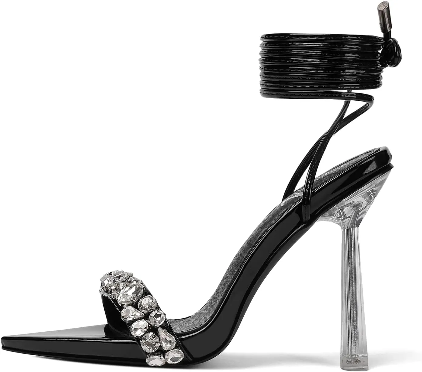 vivianly Strappy Stiletto Clear High Heels Rhinestone Lace Up Heeled Sandals Pointed Toe Pumps Wedding Bride Dress Shoes