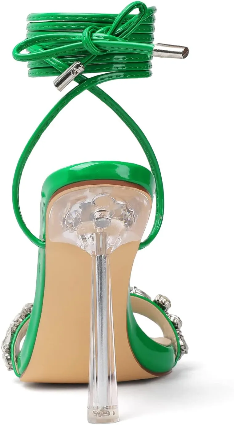 vivianly Strappy Stiletto Clear High Heels Rhinestone Lace Up Heeled Sandals Pointed Toe Pumps Wedding Bride Dress Shoes