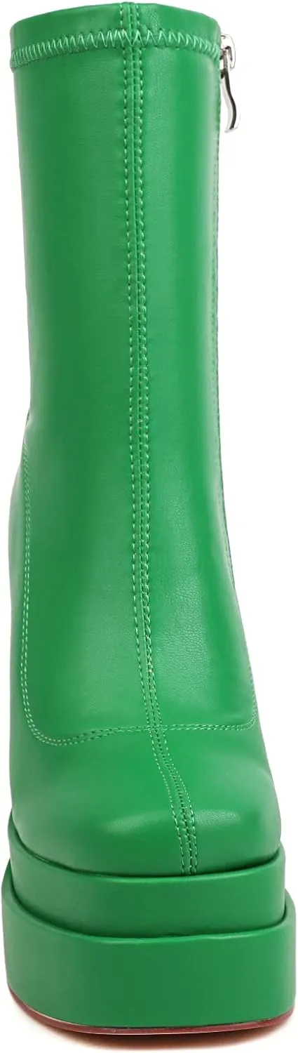 vivianly Women's Platform Mid Calf Boots Square Toe Chunky Heel Ankle Boots with Side Zipper Stretch Short Go Go Boot