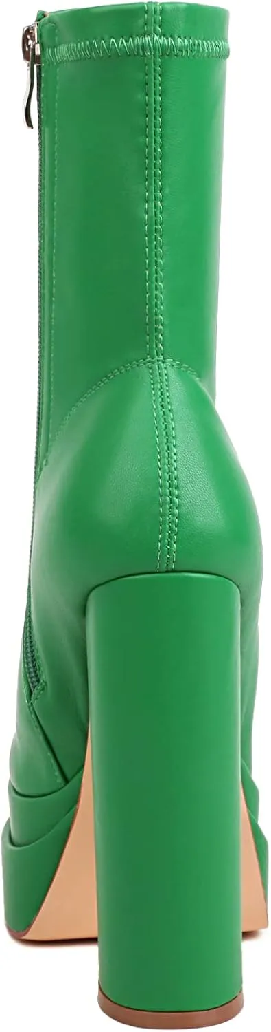 vivianly Women's Platform Mid Calf Boots Square Toe Chunky Heel Ankle Boots with Side Zipper Stretch Short Go Go Boot