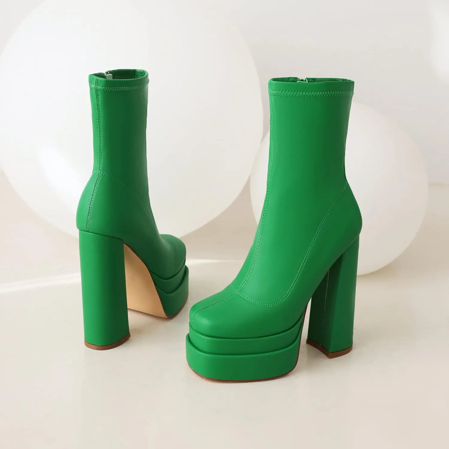vivianly Women's Platform Mid Calf Boots Square Toe Chunky Heel Ankle Boots with Side Zipper Stretch Short Go Go Boot