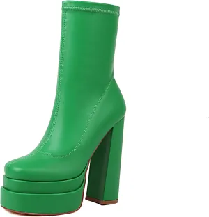 vivianly Women's Platform Mid Calf Boots Square Toe Chunky Heel Ankle Boots with Side Zipper Stretch Short Go Go Boot