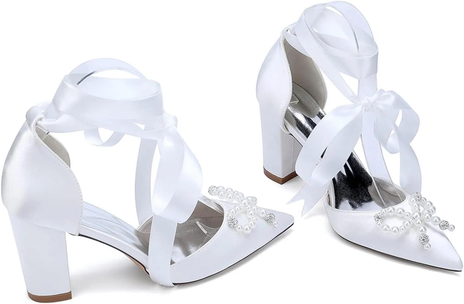 Wedding Bridal Shoes Women Bridal Pointed Toe Heels Chunky Women Dress Shoes Pumps 8.5Cm