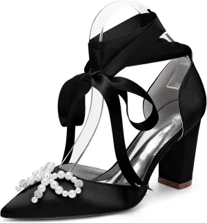 Wedding Bridal Shoes Women Bridal Pointed Toe Heels Chunky Women Dress Shoes Pumps 8.5Cm