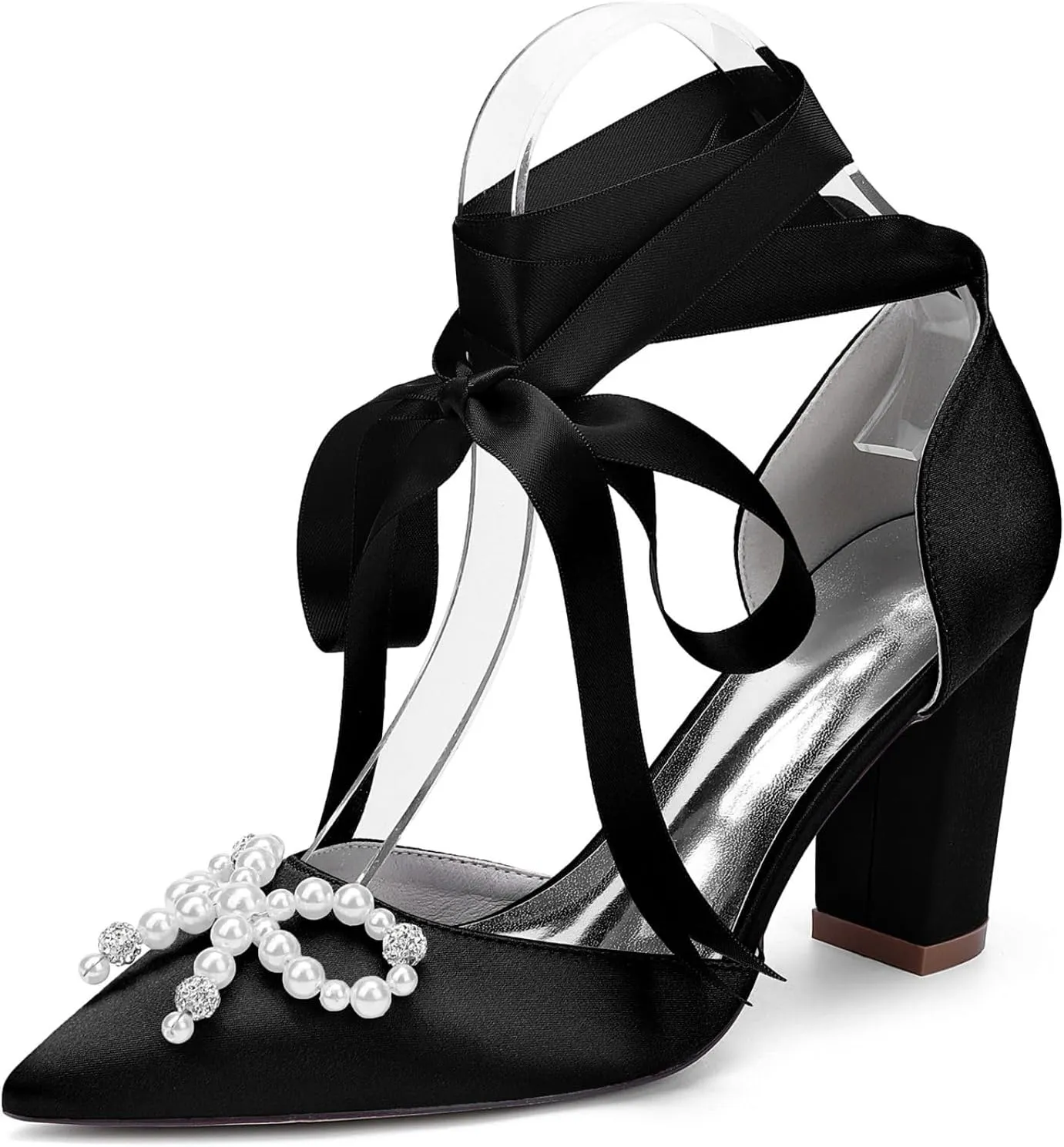 Wedding Bridal Shoes Women Bridal Pointed Toe Heels Chunky Women Dress Shoes Pumps 8.5Cm