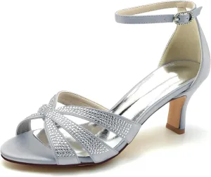 Wedding Bridal Shoes Women Sandals Peep Satin Open Toe Low Heel Ankle Strap Dress Shoes Womens Pumps Party Heels 6.5Cm,Silver,11