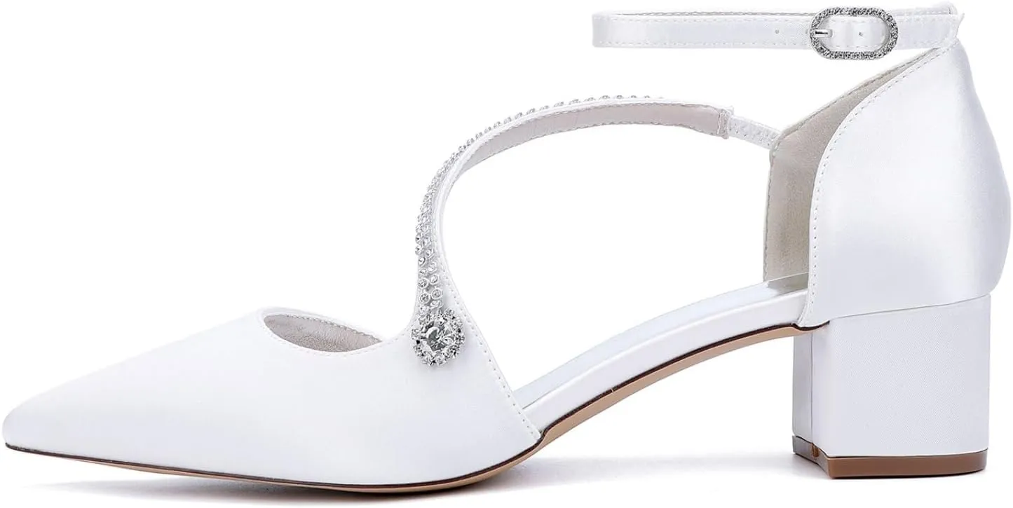 Wedding Bridal Shoes Women's Chunky Low Heels Pointed Toe Bridal Block Dress Ankle Strap Pump Wedding Sandals 4.5Cm